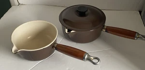 Le Creuset Cast Iron Vintage Enamel 14 & 16cm Pour Pot Saucepans Brown Hazelnut - Picture 1 of 17
