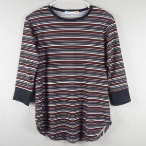 C&C California Women M Gray Brown Striped Ribbed Tee Tshirt Top Shirt 3/4 Sleeve - Picture 1 of 5