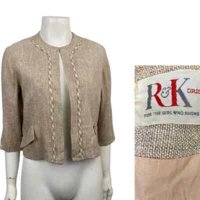 Chaqueta corta de lino beige de los años 60 manga tres cuartos / pequeña para mujer * Foto 1 de 4