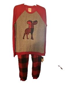 2Pc Falls Creek Sleepwear Plaid Moose PJ Set Long Sleeve Top/Pant Sz XL (14-16) - Picture 1 of 5