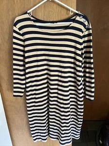 Talbots 3/4 Sleeve Tan Navy Striped Tunic Dress Button Accent Women's Size XL - Picture 1 of 6
