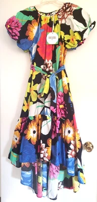 Vestido CHRISTOPHER JOHN ROGERS tamanho P preto floral manga folhada alta baixa novo com etiquetas - Imagem 1 de 4