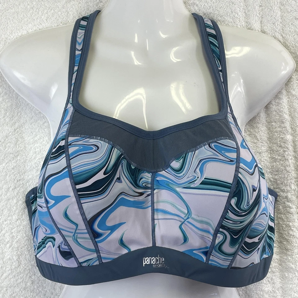 Sujetador deportivo Panache para mujer gris azul estampado de mármol con aros espalda deportiva de alto impacto Foto 1 de 4
