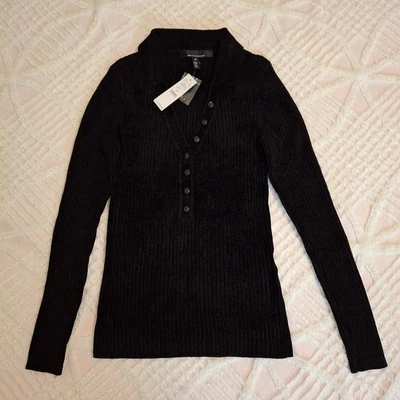 NEW White House Black Market Women’s Medium Chenille Henley Sweater Black NWT - Image 1 of 4