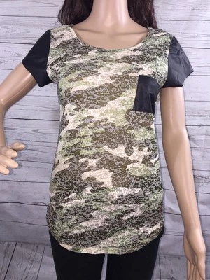 NWT Paper Crane T-Shirt Small Semi-Sheer Burnout Camo Design Vinyl Sleeve Top - Image 1 of 4