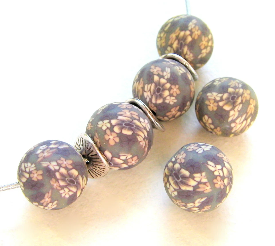 Fimo Perlen rund 12mm Blume grau beige fuchsia 20 Stück SERAJOSY  - Bild 1 von 1