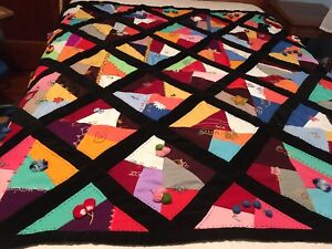 Handmade Boho Throw Blanket ~Black Velvet & Knit Embroidered Crazy Quilt 58”X58”