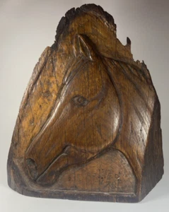 Statua busto testa di cavallo in legno mano alta 10” arte intagliata (firmata "FER '78") - Foto 1 di 8