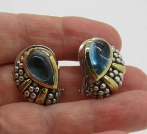 LAGOS Caviar Sterling Silver 18k Yellow Gold Blue Topaz 28.2 Gr Pierced Earrings - Picture 1 of 7