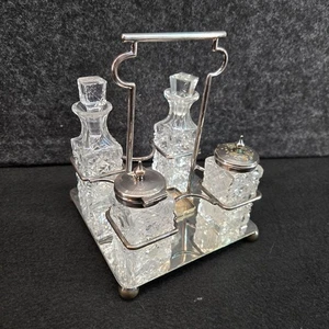 Vintage Art Deco Silver Plate 4-Bottle Cruet Set Caddy Cut Glass Salt Pepper - Picture 1 of 17