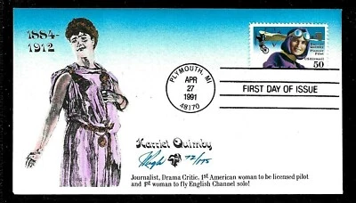 C128 50c Air Mail (1991) THE MICHIGAN FLYER HARRIET QUIMBY FDC HD/HP JULIAN PUGH - Image 1 of 2