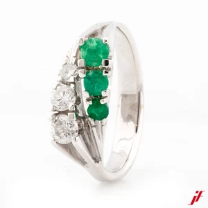 Anello per Cocktail 585/14K Oro Bianco 3 Smeraldi 3 Diamanti Brillanti TG 52 - Foto 1 di 2
