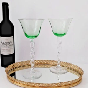 Pair of 9.5 inch Tall Green Wine Glasses Hand Blown Glass Clear Twisted Stem - Picture 1 of 8