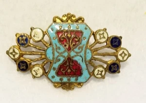 GORGEOUS ANTIQUE 1-PIECE PIERCED BRASS W/AN ENAMEL DECORATIVE DESIGN  1-3/8" - Picture 1 of 4