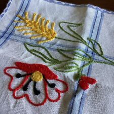 Vintage Unused White Blue Checks Cotton Runner Hand Embroidered Spring Poppies