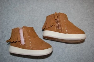 Baby Girls WHEAT BROWN ANKLE BOOTS Zipper Sides FRINGES Stars Hearts 2 3 4 5 6 - Picture 1 of 2