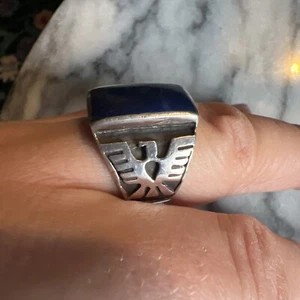10.17 Grams Size 8 Southwestern Style Thunderbird Lapis Sterling Silver Ring - Picture 1 of 10