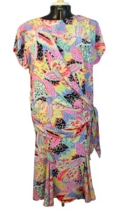 Vintage 1980's Size 18-20 New Wave Multi Coloured Geometric Midi Shift Dress - Picture 1 of 11