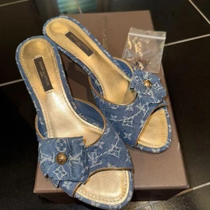 Louis Vuitton Monogram Denim Mules Sandals Size 35.5 + Extra Heels - Picture 1 of 5