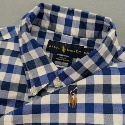 Camisa Ralph Lauren Para Hombre Mediana Azul Blanco Guinga Calce Ajustado Elastizada Oxford Foto 1 de 4