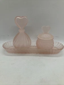 Pink Frosted Glass Vanity Three Piece Set Hearts Made in Taiwan Vintage - Picture 1 of 9