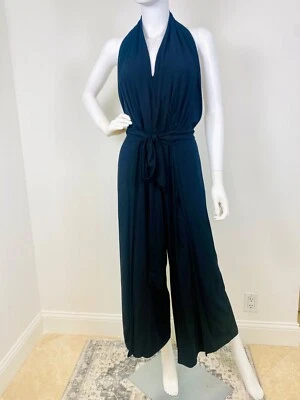 BLACK V-NECK HALTER JUMPSUIT WITH ELASTICATED AND BELTED WAIST. SIZE:S/M - Image 1 of 4