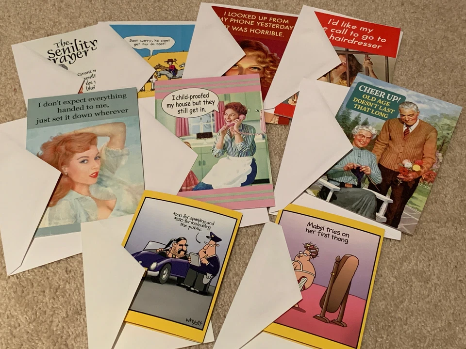 Lote de 9 NUEVAS Tarjetas de Felicitación Surtidas + Sobres, Bromas de Humor Divertidas en Blanco Foto 1 de 1