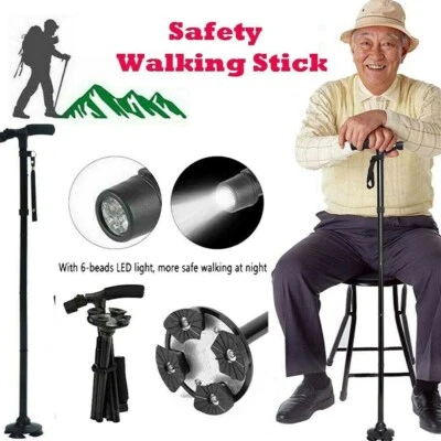 LED Folding Walking Cane for Seniors Men & Women w/ Non-Slip T Handle and Strap - Image 1 of 4
