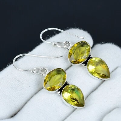 Bello Citrino Gemma 925 Argento Sterling Artigianale Orecchino Per Ovatta Regalo - Immagine 1 di 4