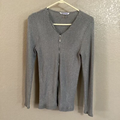 Suéter Nygard Mujer L Plateado Metálico Tejido Acanalado Ajustado Manga Larga Cremallera Completa Foto 1 de 4