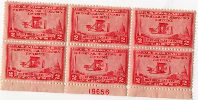 Scott #649 Red Aeronautics Conference Plate Block of 6 Stamps - MNH P#19656 - Image 1 of 2