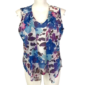 Noni B Top White Size L 14 16 Blue Pink Floral Sleeveless Stretch Mesh Lined - Picture 1 of 14