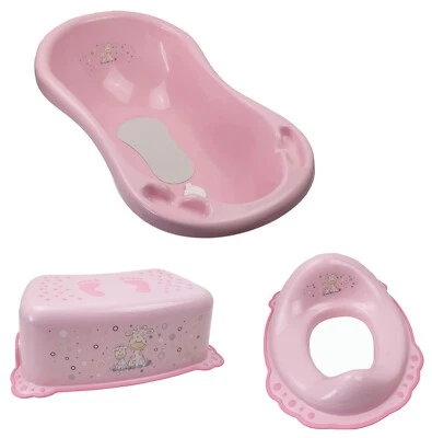 Baby Badeset Badewanne mit Abfluss Schemel Töpfchen Giraffe rosa - Bild 1 von 4
