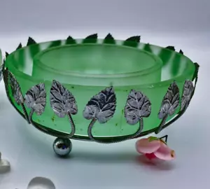 Bagley Art Nouveau Green Frosted Glass Posy Vase In Silver Metal Case - Picture 1 of 12
