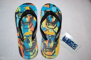 Boys Shoes FLIP FLOPS Sandals BLUE Multi Color SKULLS WEARING SUNGLASSES 2-3 - Picture 1 of 1