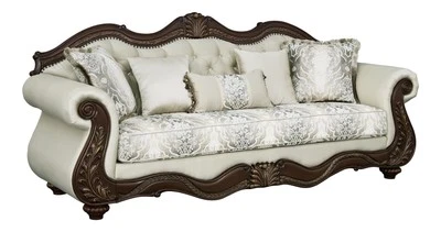 Sofá acolchado tapizado de tela ACME Pierce con 5 almohadas en beige y cereza Foto 1 de 4