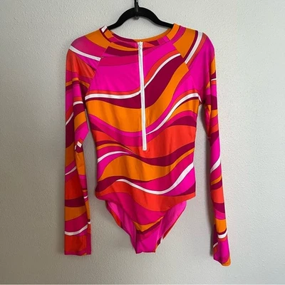 全新 Trina Turk 亮粉色橙色波浪条纹印花连体泳衣 尺寸 M — 第 1/4 张图片