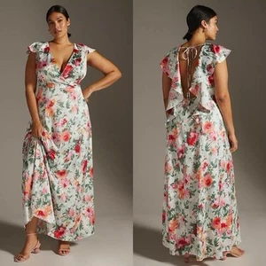 Anthropologie Hutch Midikleid V-Ausschnitt Wickeloptik Blumen Größe 22 W Hochzeit - Bild 1 von 14