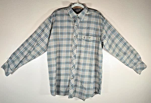 Men's Flannel Shirt Large Tan Blue Blk Plaid Embroidered Long Sleeve Pocket Warm - Picture 1 of 15