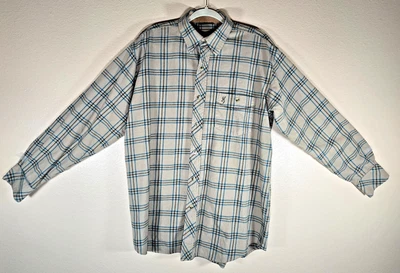 Men's Flannel Shirt Large Tan Blue Blk Plaid Embroidered Long Sleeve Pocket Warm - Image 1 of 4