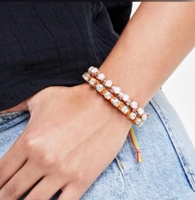 On 34th Gold Tone 2 Piece Set Color Crystal Cord Slider Bracelets Pink NEW - Image 1 of 4