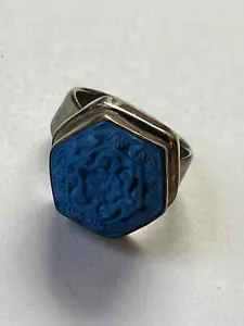 925 Marked Silver Band w Large Blue Carved Cinnabar Like Floral Octagon Cab Ring - Picture 1 of 9