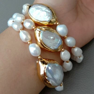 8'' 3 Rows Cultured White Baroque Pearl White Keshi Pearl Bracelet - Image 1 of 4