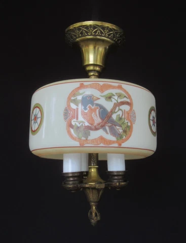 Vintage Semi Flush Brass Ceiling Lighting Fixture w/Blue Bird Glass Shade  FX357 Cover