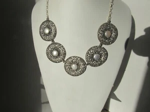 Shubes Dakota West Sterling Silver Filigree Coin Pearls Link Necklace - Picture 1 of 6