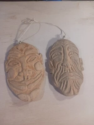 2 VTG Wood Carved Faced Wall Masks Hanging Art - Happy & Sad, Handmade Folk Art. - Image 1 of 4