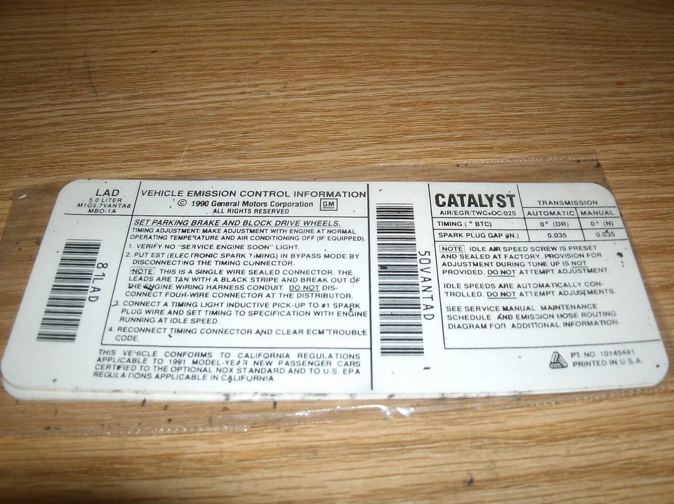 1991 PONTIAC GRAND AM PRIX BONNEVILLE FIREBIRD 5.0L EMISSIONS DECAL STICKER LAD - Image 1 of 1