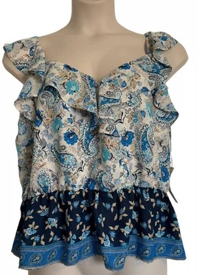 Nine Britton Sleeveless Tank Size XL V Neck Blue Print Adjustable straps Ruffle - Image 1 of 4