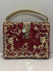 Red Acrylic Box Clutch Purse - Gold Floral Rhinestone Evening Bag, Unbranded - Picture 1 of 11