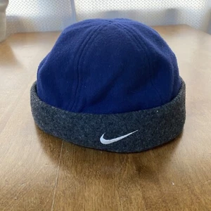 Rare Vintage Nike wool rayon skullcap navy blue gray Beanie Size Medium - Picture 1 of 10